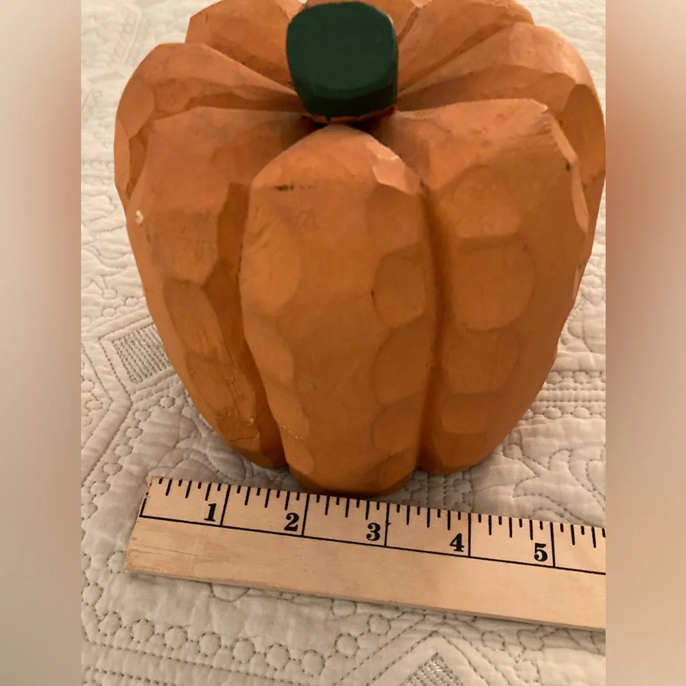 Solid Wood Hand Carved Pumpkin Green Stem Lots of Details